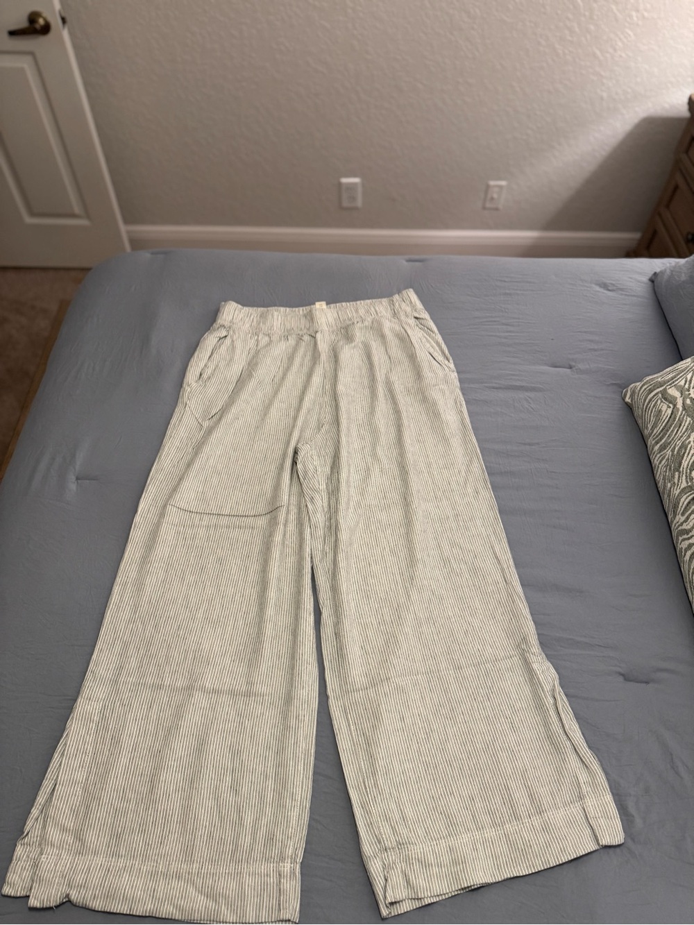 Light Gray Pinstripe Wide Leg Linen Pants
